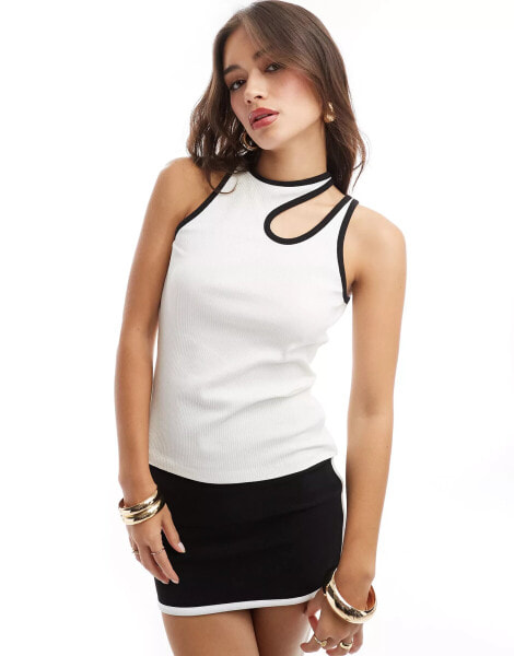 Selected Femme asymmetric vest with black binding in white