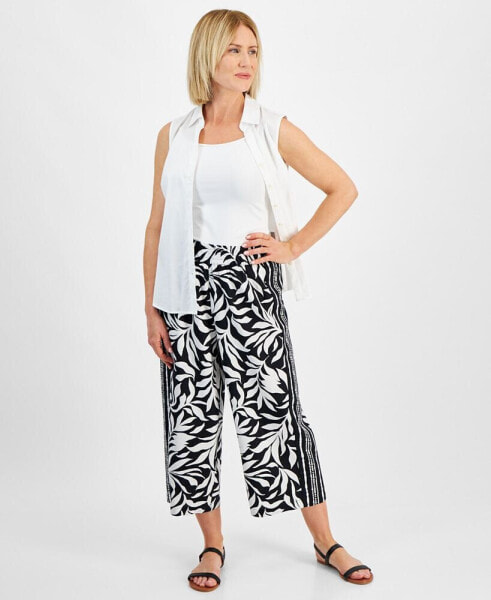 Petite Printed Mid Rise Cropped Wide Leg Linen-Blend Pants, Created for Macy's