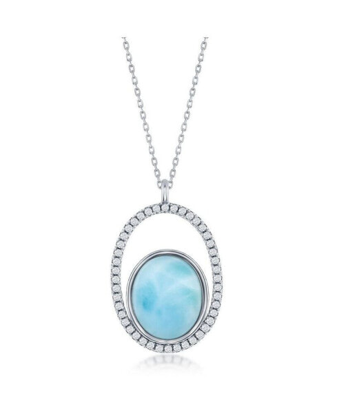 Sterling Silver Oval Larimar with CZ Necklace