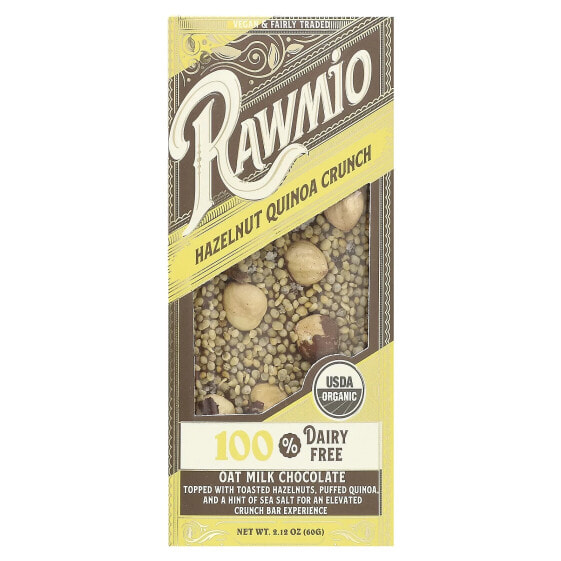 Rawmio, Овсяный молочный шоколад, хрустящая корочка с фундуком и киноа, 60 г (2,12 унции)