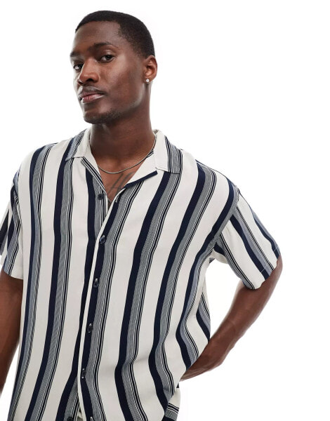 Jack & Jones oversized revere collar shirt in navy stripe