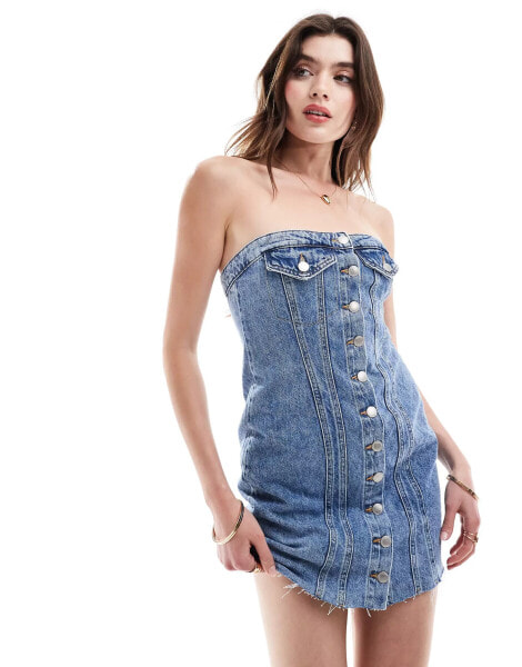 ONLY corset button down denim mini dress in blue