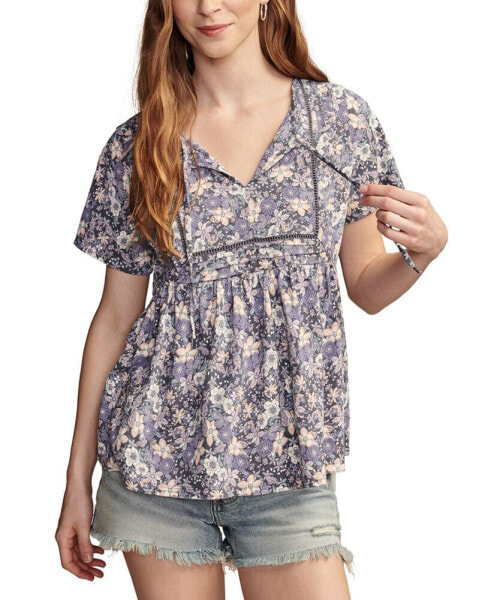 Women's Printed Pintuck Split-Neck Cotton Top