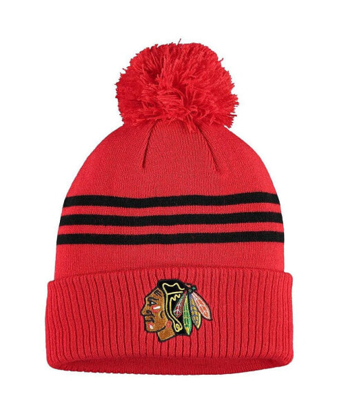 Men's Navy Chicago Blackhawks Locker Room Three Stripe Cuffed Knit Hat with Pom