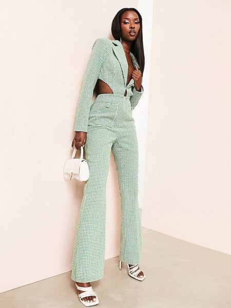 ASOS LUXE tailored cut-out flare jumpsuit in green check
