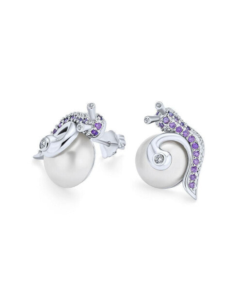 3D Nautical Purple Lavender Cubic Zirconia Pave Snail White Simulated Pearl Stud Earrings For Women Brass