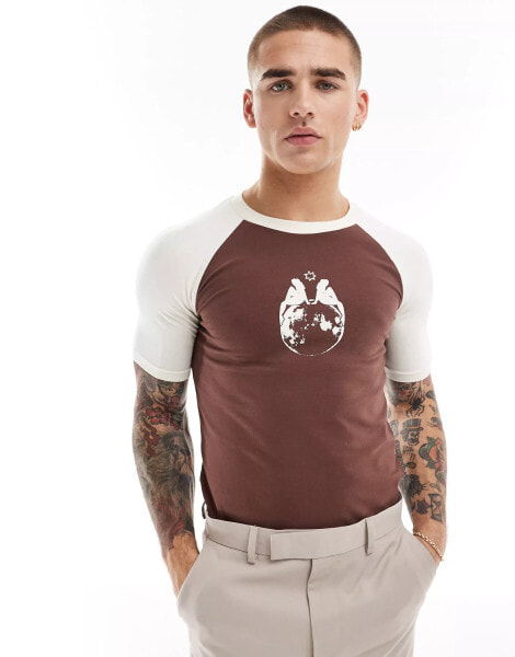 ASOS DESIGN cropped muscle raglan t-shirt in brown with chest print