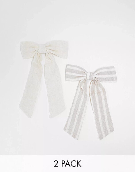 Stradivarius 2 pack linen hair bows in natural and stripe