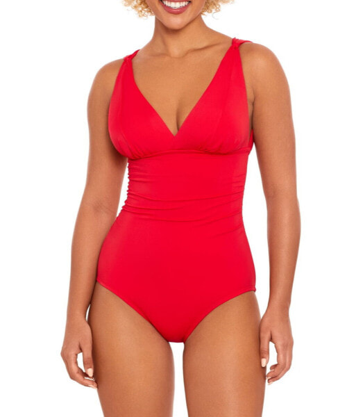 Time and Tru Plunge One Piece Swimsuit Women Size M 8-10 redV Neck Sleeveless