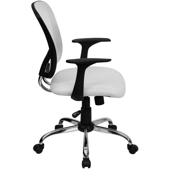 Mid-Back White Mesh Swivel Task Chair With Chrome Base And Arms