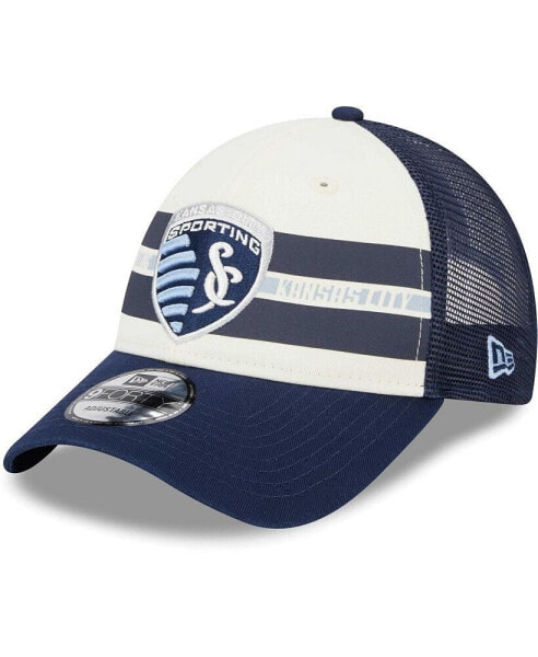 Men's White, Navy Sporting Kansas City Team Stripes 9FORTY Trucker Snapback Hat