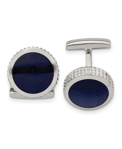 Stainless Steel Polished Cat's Eye Textured Circle Cufflinks