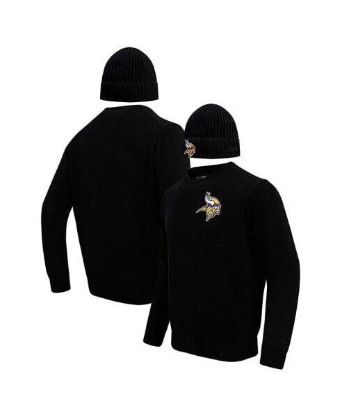 Men's Black Minnesota Vikings Crewneck Pullover Sweater and Cuffed Knit Hat Box Gift Set