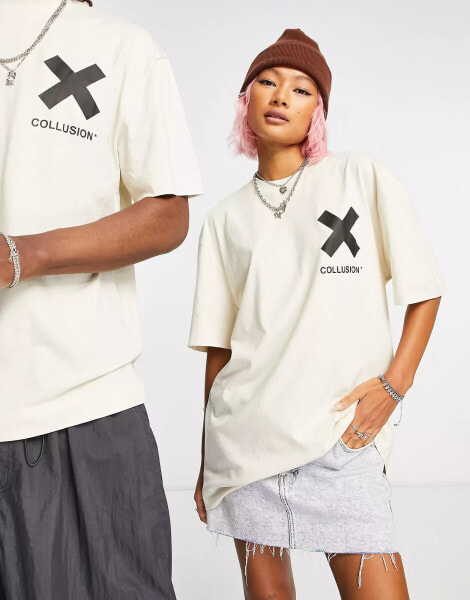 COLLUSION Unisex logo cotton t-shirt in off-white