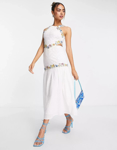 Hope & Ivy halter neck midaxi embroidered dress in ivory