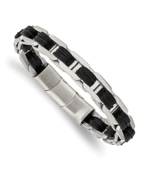 Stainless Steel Brushed with Black Leather Bracelet