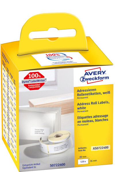 Avery Zweckform Avery AS0722400 - White - Rectangle - Permanent - 36 x 89 mm - Rolle - Paper