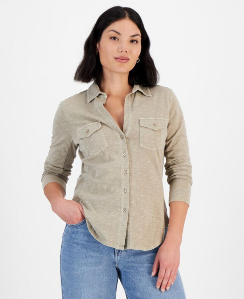 Petite Cotton Jersey Button-Front Shirt