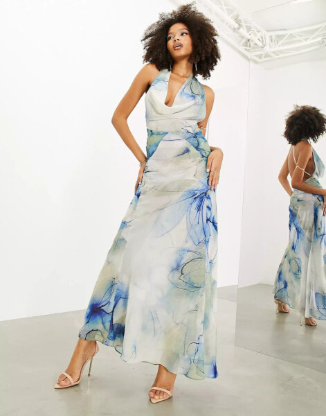 ASOS EDITION sheer statement cowl neck maxi dress in blue watercolour print