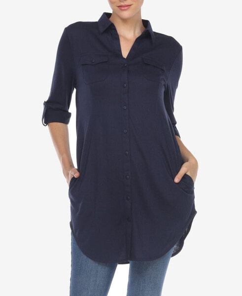 Women's Stretchy Button-Down Tunic Top