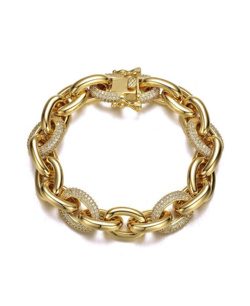 Men's 14k Yellow Gold Plated with Cubic Zirconia Chunky Tubular Oval Cable Chain Bracelet