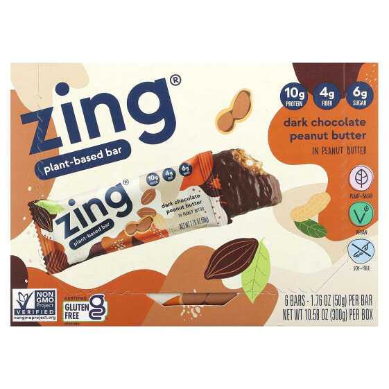 Zing Bars, растительный батончик, темный шоколад с арахисовой пастой в арахисовой пасте, 6 батончиков по 50 г (1,74 унции)