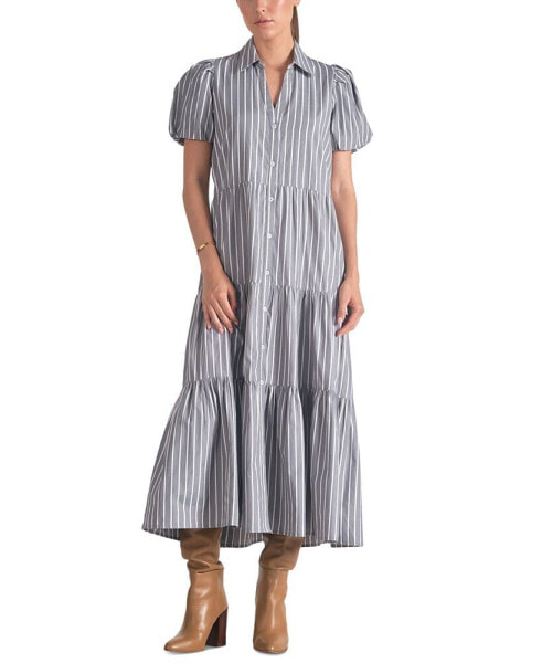 Women's Poplin Striped Button-Front Puff-Sleeve Dress