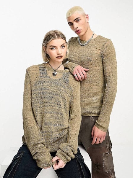 COLLUSION Unisex open stitch knitted crewneck in taupe