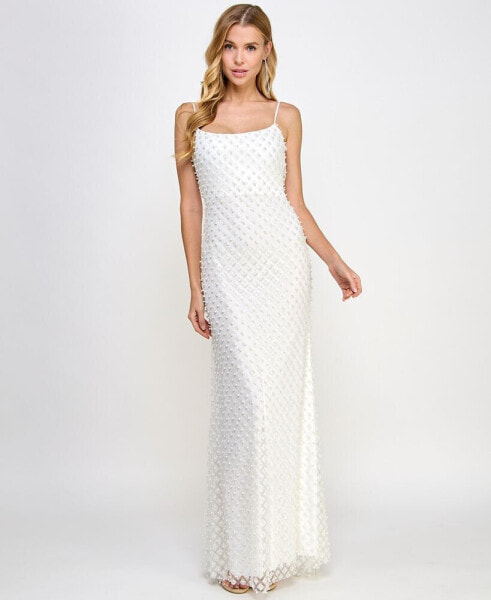 Juniors' Glitter and Faux-Pearls Open-Back Gown