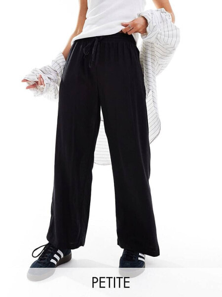 Vila Petite linen touch tie waist wide leg trousers in black