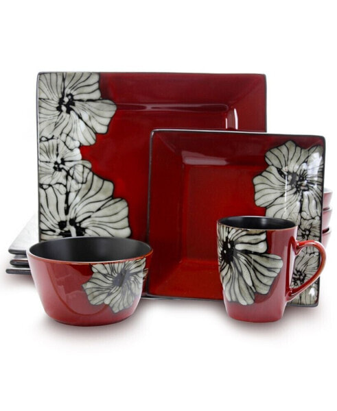 Winter Bloom 16 Piece Square Stoneware Dinnerware Set