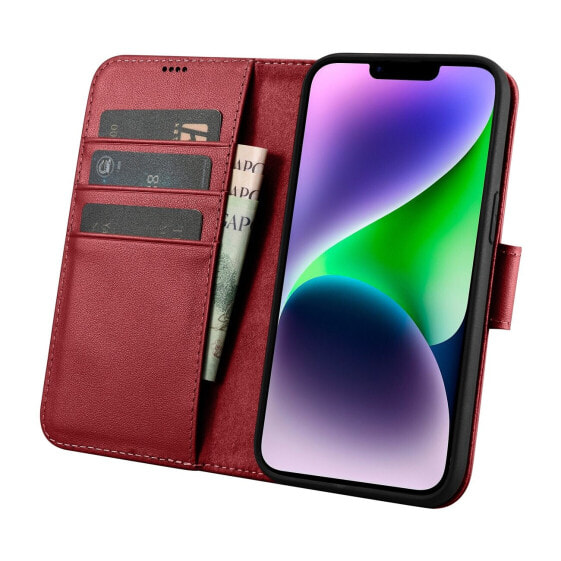 Чехол для смартфона ICARER 2w1 etui skórzany pokrowiec z klapką iPhone 14 Plus Anti-RFID Wallet Case сумка - красная