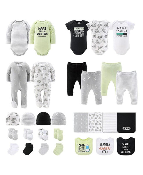 Newborn Layette Gift Set for Baby Boys or Girls, Green Funny Basics, 30 Essential Pieces,