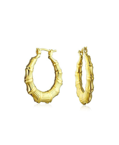 Light Weight Hollow Medium Bamboo Hoop Earrings For Women Gold Plated Brass For Women Diameter 1.25 Inch