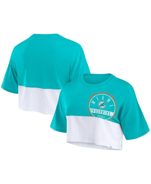 Women's Aqua/White Miami Dolphins Boxy Color Split Cropped T-Shirt