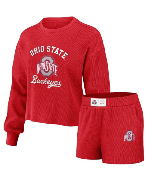 Women's Scarlet Distressed Ohio State Buckeyes Waffle Knit Long Sleeve T-shirt and Shorts Lounge Set