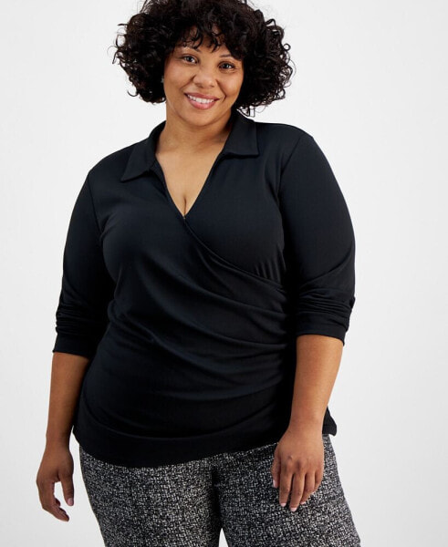 Plus Size Collared Faux-Wrap Top, Created for Macy's