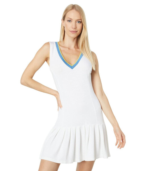 Monrow 301582 Women V-Neck Tennis Dress with Trim Rib White Size Small