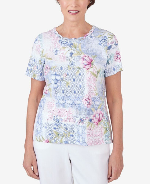 Women's Patchwork Floral Braided Neck Tee