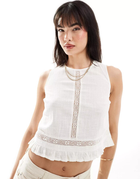 Wednesday's Girl cotton lace insert sleeveless blouse in white