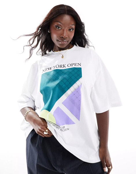 ASOS DESIGN Curve oversized t-shirt with new york open tennis graphic in white