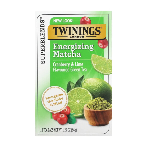 Twinings, бодрящий зеленый чай с матчей, клюквой и лаймом, 18 чайных пакетиков, 36 г (1,27 унции)