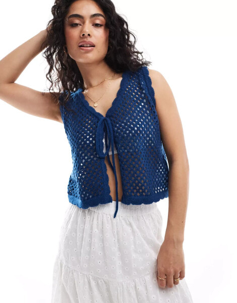 Pieces crochet tie front vest top in navy blue