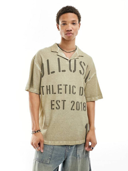 COLLUSION waffle textured polo with graphic front t-shirt in khaki