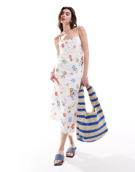 Abercrombie & Fitch maxi dress in white with picnic print in white