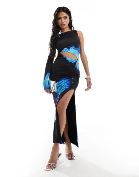 Kaiia exclusive slinky one shoulder cut out maxi dress in blue butterfly print