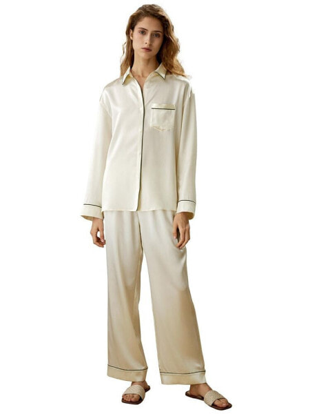 Women's Contrast Piping Button-Up Full Length Pajama Set for Women