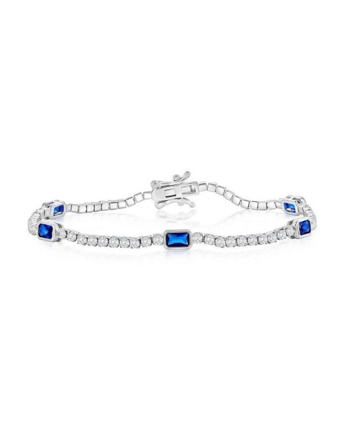 Sterling Silver, Rectangle Bezel-Set & Round CZ Bracelet - Sapphire