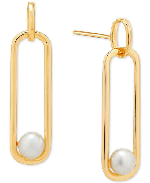 Cultured Freshwater Button Pearl (5mm) Paperclip Drop Earrings in Sterling Silver or 14K Yellow Gold Over Silver
