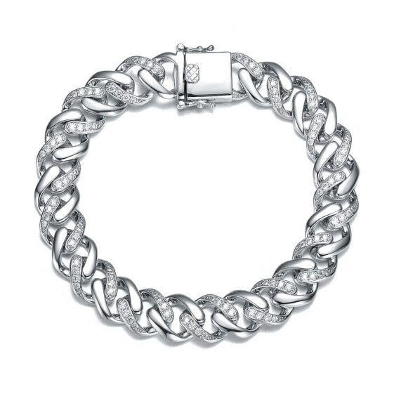 Bold Men's White Gold Plated Curb Chain Bracelet with Iced Out Cubic Zirconia in Sterling Silver